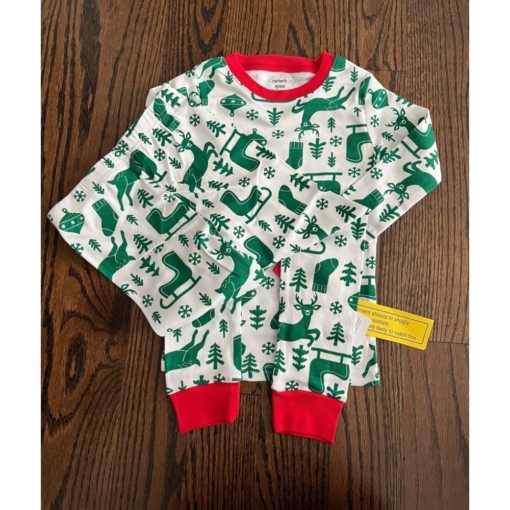 Carters toddler girl pj sz. 4T Christmas cotton white/green NWT